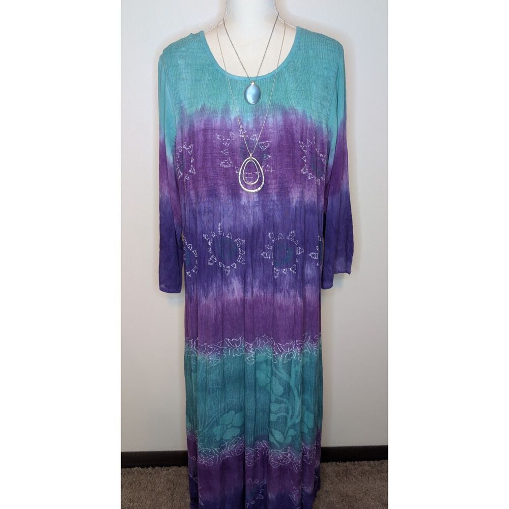 Greater Good Tie Dye Batik Maxi Dress Teal Purple Smocked Crinkle Rayon L XL